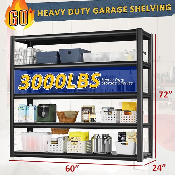 60" W Garage Shelving Heavy Duty,5 Tier Storage Shelves,3030LBS Adjustable Shelf Unit, Metal Garage Shelving for Warehouse Industrial Basement, 72" H × 60" W × 24" D, Black