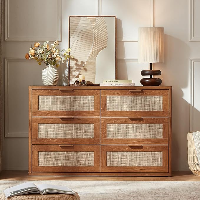 LEYAOYAO Rattan Dresser for Bedroom Set of 2, Boho 48" Wide 6 Drawer Dresser Chest of Drawers, Wood Dressers TV Stand with Metal Handle, Storage Dressers Closet Organizer for Living Room, Hallway