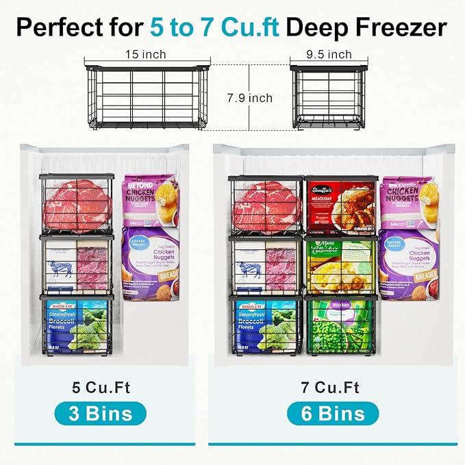 iSPECLE Freezer Organizer - 6 Pack Large Freezer Organizer Bins for 5 to 7 Cu.Ft Chest Freezer, Stackable Easy Access Food No More Digging, Sturdy Metal Wire Basket Not Scratch Bottom, Black