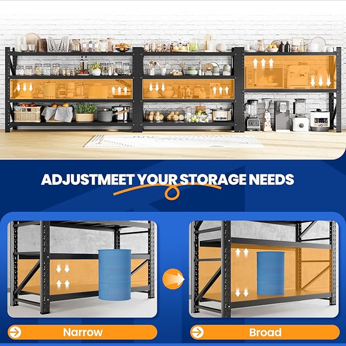 MIIIKO 75" W Storage Shelves,8000LBS Metal Garage Storage Shelving,Heavy Duty Adjustable Unit Storage Shelves for Warehouse,Basement,75" W x 24" D x 70" H,Black
