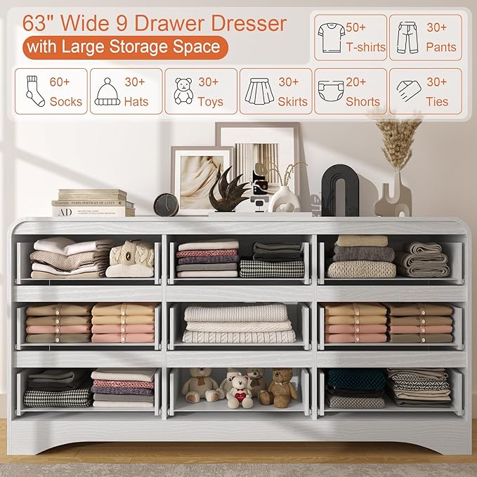 Dresser for Bedroom with 9 Drawers, 63" Large Modern Dressers & Chest of Drawers with Curved Profile Design, Wood Closet Clothes Storage Long Dressers Organizer for Bedroom Living Room Hallway, White