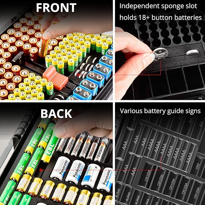 Battery Organizer Storage Holder Box Case with Tester- 269 Batteries Double-Sided Variety Pack, Holds AA AAA 4A C D Cell 9V 3V Lithium LR44 CR2 CR123 CR1632 18650 Button- Grey