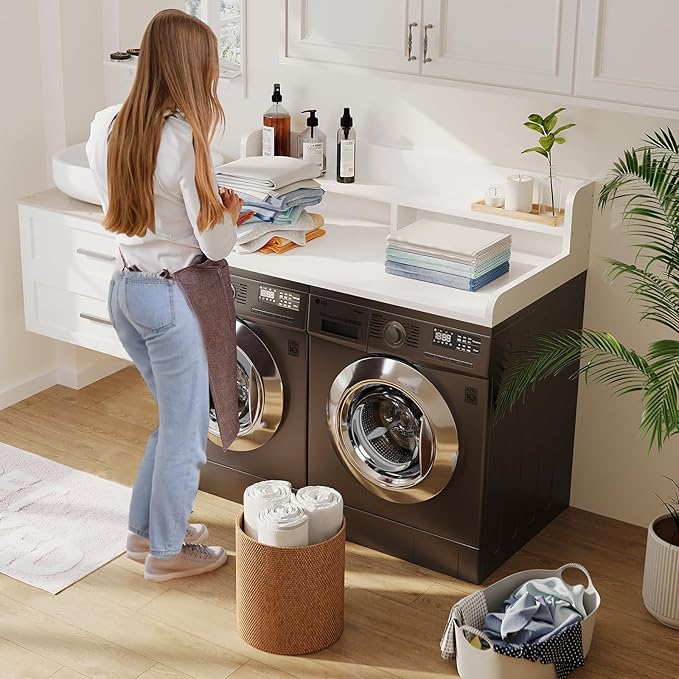 2-Tier Washer Dryer Countertop with 2.75"H Edge Rails, 54" W x 27.55" D Laundry Countertop for Folding Clothes, Washer and Dryer Topper with Non-Slip Pad (White)