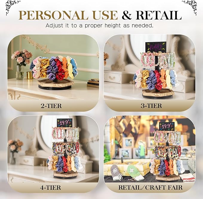LadyRosian 3-Tier Wooden Rotating Jewelry Display Stand | Bracelet & Keychain Organizer with Advertising Board | 54 Hooks Rustic Holder for Vendor Booth & Stores (3-Tier Round Hexagon)