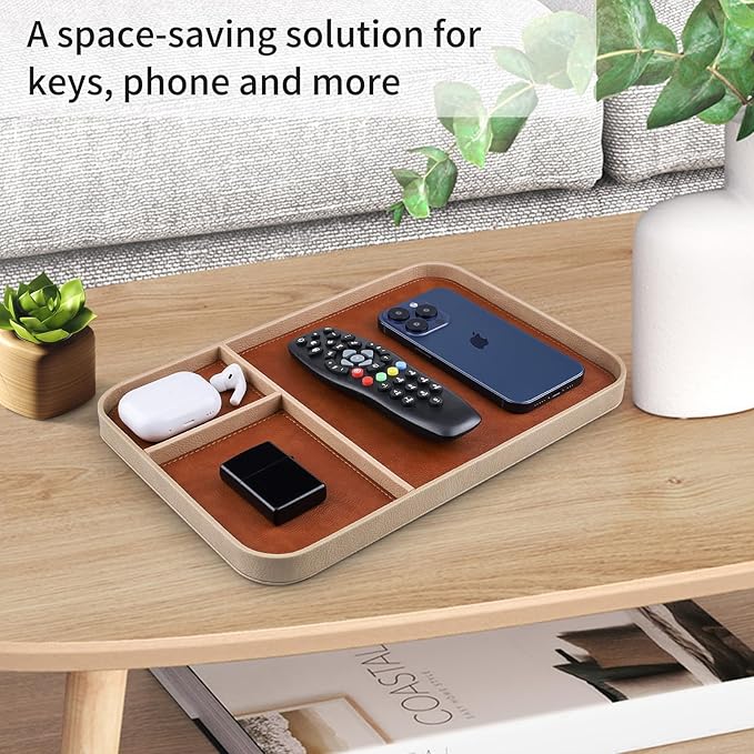 SENEN Leather Tray, Stylish and Organized Multifunctional Tray, for Table Entryway, Premium PU Leather, Catchall Tray for Keys, Watch, Wallet, Jewelry, and More (Beige Frame)