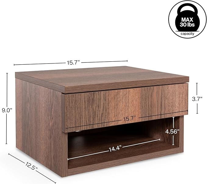 JONATHAN Y NST2002A Ettore 15.71" Mid-Century Modern Floating Wall Mounted Nightstand with Soft-Close Drawer and Cable Hole, Dark Brown