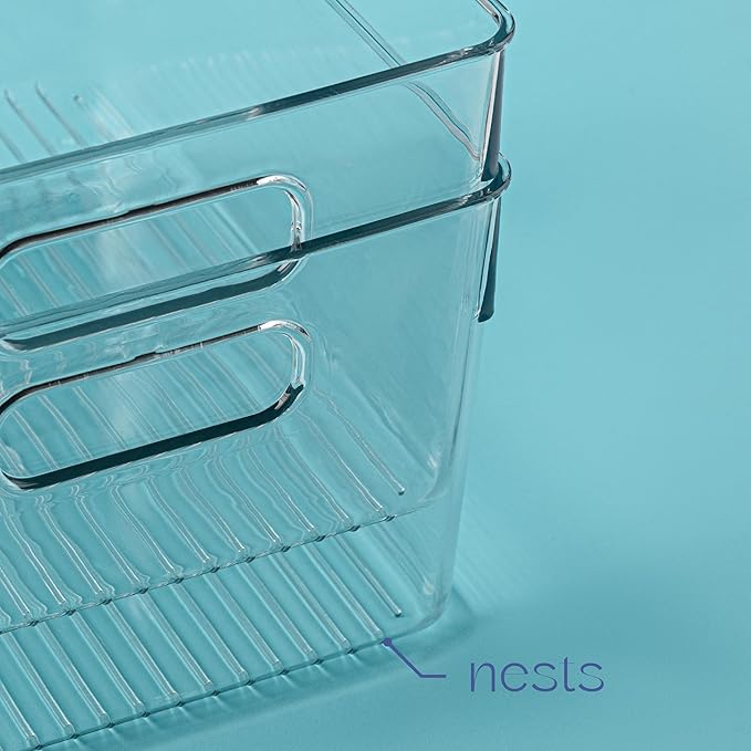 primebox Plastic Food Storage 2 Pack Clear Container Bin with Handles for Organizing Kitchen, Pantry, Refrigerator, Freezer, Pantry, Cabinet, Closet, Bathroom. 10”x7.5”x5.3”