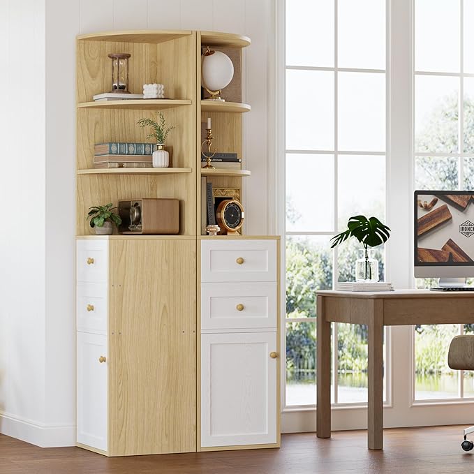 IRONCK Corner Bookshelf and Bookcase, 71" H Wooden Book Shelves 3 Tier with Drawers and Storage Cabinet for Living Room, Office, Bedroom, Oak and White