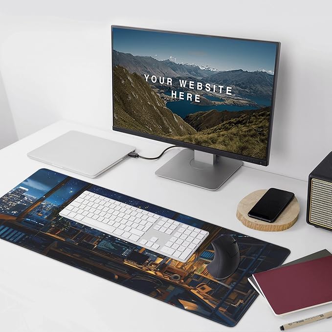 City Night from The Study Window Large Mouse Pad, Anime Style Gaming Desk Mat, XXL Keyboard Desk Pad Mat for Desktop, 35.4"x15.7" Non-Slip Base Big Mousepad with Stitched Edges