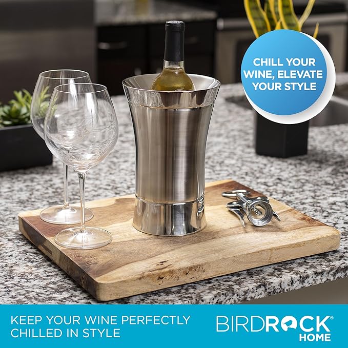 BirdRock Home Stainless-Steel Wine Chiller - Elegant Double Wall Bucket - Single Insulated Bottle Holder - Wine or Champagne Cooler for Table - Wine Accessories - Indoor or Outdoor - Silver