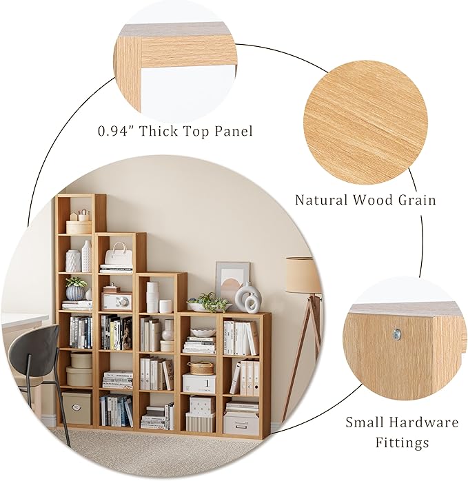 Cube Storage Organizer Bookcase, Decorative 11 inch Open Back Cubical Shelf with Thickened Border, Display Bookshelf for Living Room, Home Office, Sturdy Room (Natural Oak, 4 Cube)