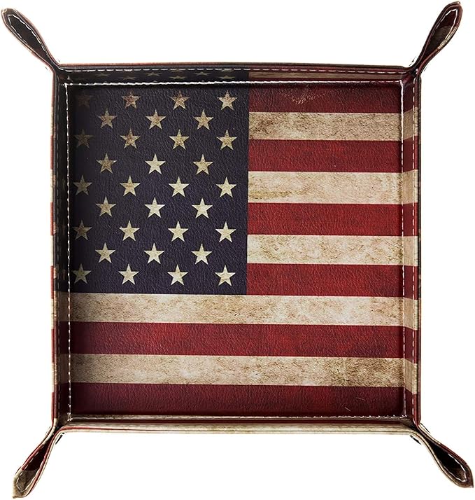 siduater Valet Tray Desktop Storage Organizer, Vegan Leather Catchall Bedside Vanity Tray Nightstand Caddy Holder for Remote Controller, Watch, Keys, Phone, Wallet, Sunglasses, Jewelry - Flag