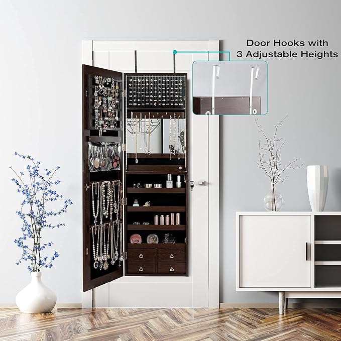 CHARMAID LED Strip Jewelry Armoire with 47.2" H Full Length Mirror, Wall Door Mounted Jewelry Organizer Cabinet with Built-in Mirror, Flip-over Cosmetic Tray, 4 Drawers (Coffee)