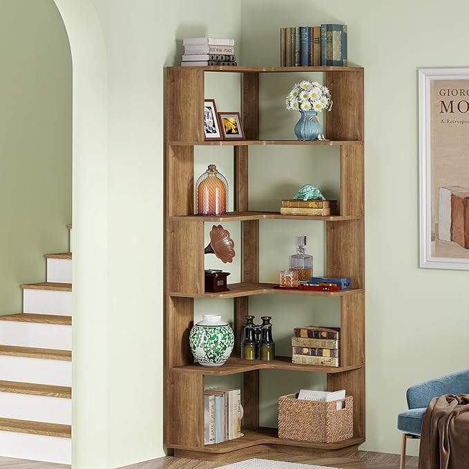 Tribesigns 6 Tier Corner Bookshelf, 64.9 Inches Tall L Shaped Bookcase with Anti-Drop Panel, Freestanding Wood Grain Shelf Display Rack Storage Organizer for Home Office (Light Brown)