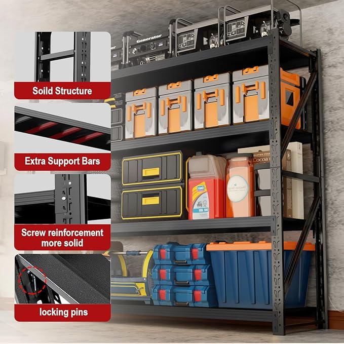 3000LBS Garage Shelving Heavy Duty, 32” W Storage Shelves, 4-Tier Adjustable Metal Storage Shelves, Steel Industrial Shelving Unit, Metal Shelving for Garage, Basement, Warehouse(Black, 31.5x20x63in)