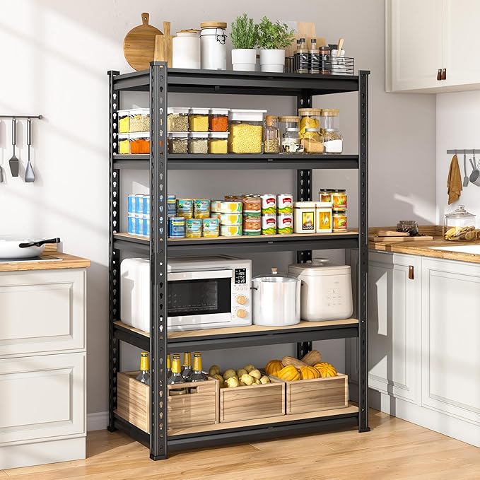5-Tier Storage Shelves, 1980LBS Adjustable Pantry Shelves, Metal Shelving Unit for Storage, Kitchen, Pantry, Closet, Laundry, Garage, 59.8" H x 27.55" W x 11.81" D