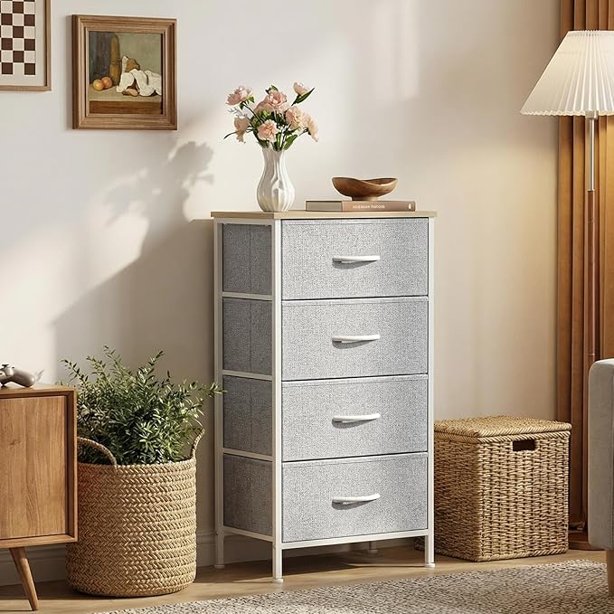 Sweetcrispy Nightstand Small Bedroom Dresser with 4 Fabric Drawers,Bed Side Furniture End Table,Wooden Top Cabinet Night Stand Dresser for Closet,Entryway,Dorm,Light Gray