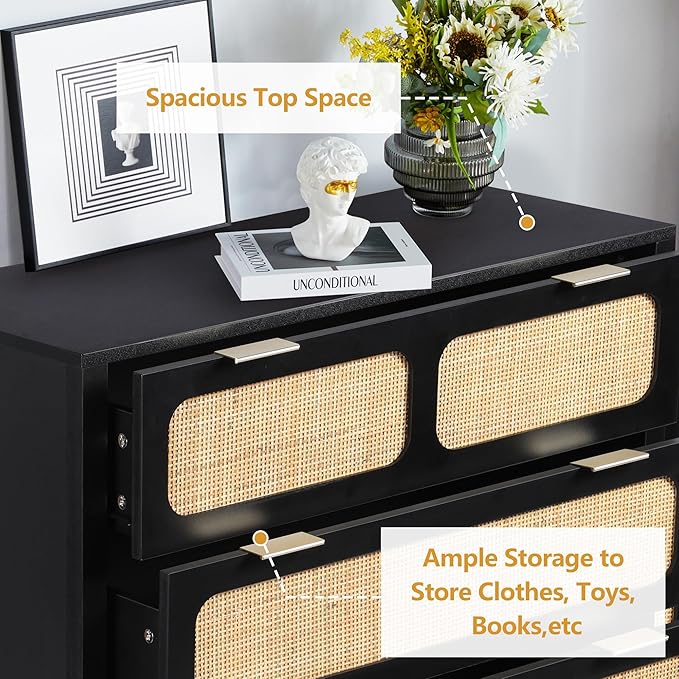 5 Drawer Dresser with Rattan Finish, Modern Farmhouse Chest of Drawers with Metal Handles, Accent Wood Storage Cabinet for Bedroom, Living Room (Black)
