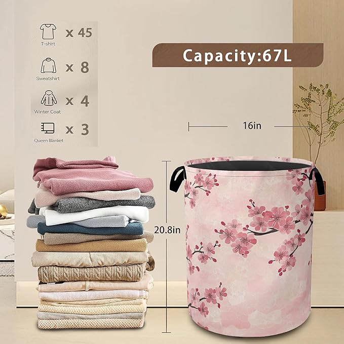 Laundry Hamper,Pink Flower Laundry Basket,Cherry Blossom Waterproof Oxford Cloth Storage Basket with Handle for Clothes Books Nursery Home Storage Sundries 16"x20"