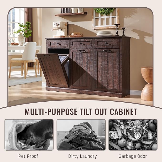 Triple Tilt Out Laundry Hamper Cabinet, 20 Gallon Farmhouse Trash Can Cabinet w/Drawer & Adjustable Shelf, Hidden Garbage Can Bin Cabinets w/Laundry Basket for Bathroom, Kitchen (Brown)