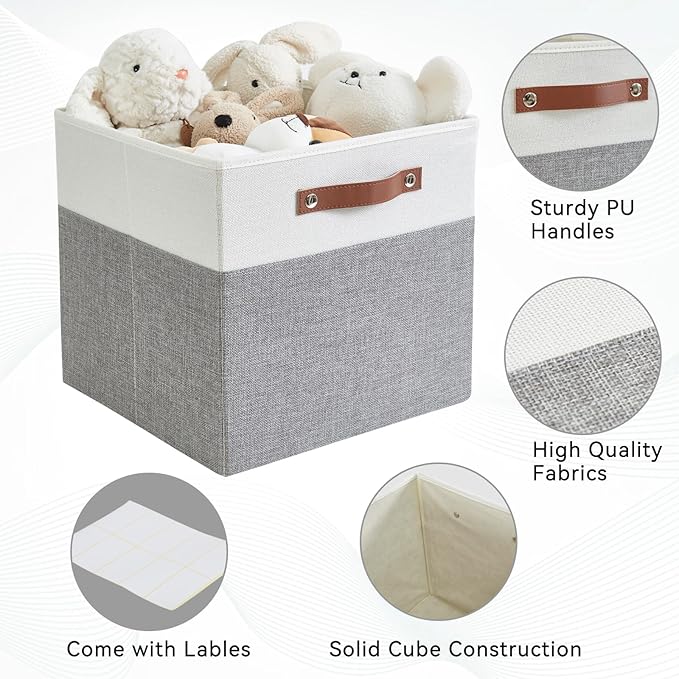 Collapsible Fabric Storage Cube Bins with 2 Reinforced PU Handles, Foldable Storage Organizer Baskets for Closet, Shelves, Living Room | 11"x11"x11", 4 Pack, Gray & White