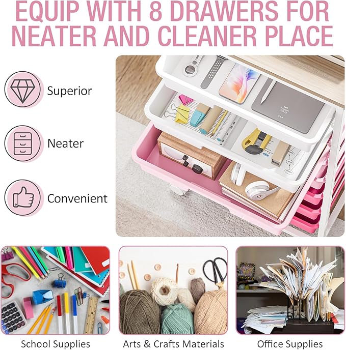 Rolling Cart with Drawers, Pink Cart with 8 Plastic Drawer Storage and Wooden Tabletop, Craft Storage, Teacher Cart, Storage Cart on Wheels, Rose Pink