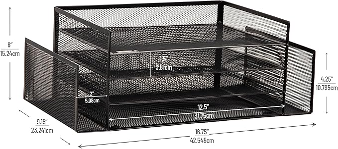 Mind Reader Desktop Organizer, File Storage, Paper Tray, Workspace, Office, Metal Mesh, 16.75"L x 9.15"W x 6"H, Black
