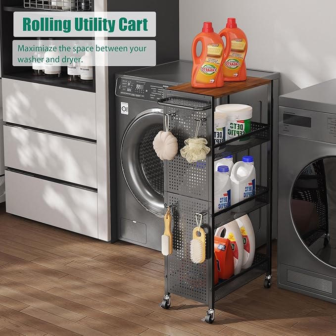 4-Tier Slim Storage Cart with Wheels,Small Mobile Organizer Shelf with Wooden Top & Metal Handle for Kitchen, Laundry Room, Bathroom, Office (Black, 9.1 inch)