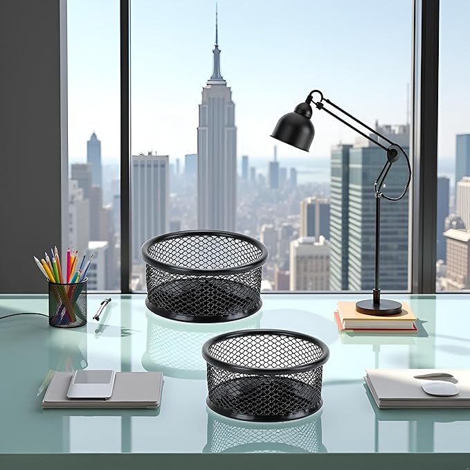 2Pcs Black Minimalist Metal Paper Clip Holder Mesh Paperclip Bowl Binder Clip Dispenser Desk Bobby Pin Container Organizer for Home Office Classroom School Desk Supplies Holders and Dispensers