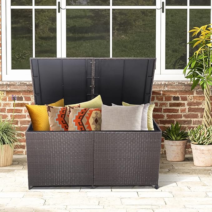 RELAX4LIFE 175-Gallon Outdoor Storage Box, Wicker Rattan Outside Storage Container Bin with Zippered Liner, 2 Universal Wheels, Gas Strut, Patio Deck Box for Backyard, Front Porch