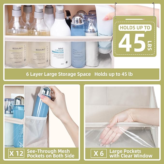 Over Door Organizer with 6 Extra Large Pockets 12 Side Pockets, 2-Pack Sturdy Closet Rack, Hanging Storage Organizer with Clear Window for Shoes, Diapers, Toys, Bedroom, Bathroom, Beige