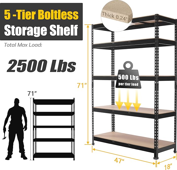 PrimeZone 48" W x 18" D x 72" H Garage Shelving Heavy Duty - Adjustable Metal Storage Shelves, 5 Tier Industrial Shelving Unit, Utility Shelf Rack for Basement, Warehouse, Pantry, Closet, Black