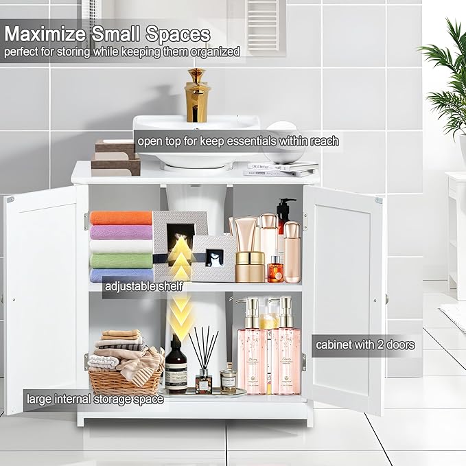 Pedestal Sink Storage Cabinet, Under Sink Cabinet with 2 Doors and Adjustable Shelf, Bathroom Sink Cabinet with U-Shape Cut-Out, Under Pedestal Sink Storage Cabinet for Bathroom, White
