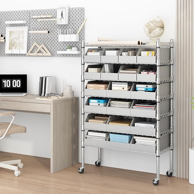6-Tier Classics Heavy-Duty Bin Rack, Industrial Solid Steel Wire Shelving Storage Unit, Organizer with 20 Bins, Gray, for Garage/Warehouse/Kitchen/Office/Classroom