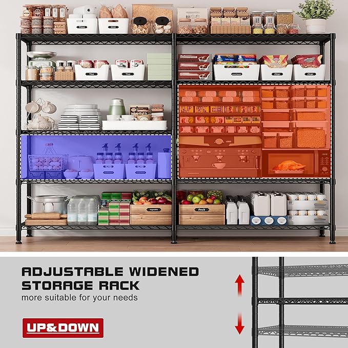 REIBII 73''W Storage Shelves Load 1650 LBS Metal Shelving 5-Tier Wire Shelving Unit, Adjustable Heavy Duty Metal Shelves Wire Shelf for Pantry Kitchen Industrial Garage, 17.7" D x 73" W x 71" H
