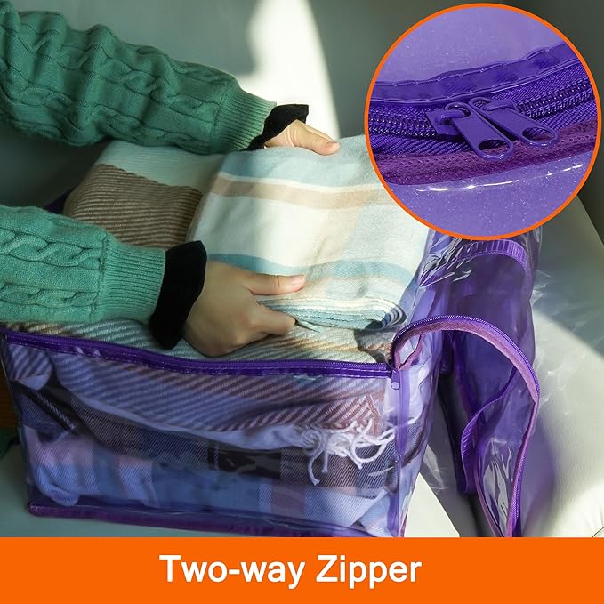 Vieshful Purple 40L Clear Clothes Storage Bag Colorful Clothes Organizer with Zipper Vinyl Storage Bag for Comforter, Blanket, Bedding, Duvet, Transparent Moving Totes 3 Pack
