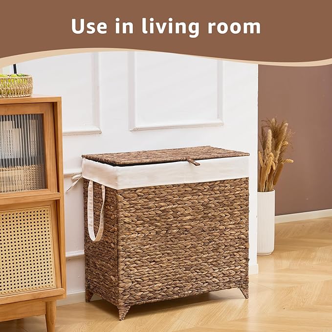 Laundry Hamper with Lid and Removable Liner Bag, Handwoven Natural Hyacinth Clothes Hamper with Heightened Feet, Wicker Laundry Basket for Clothes and Towels，Large, 2-sections