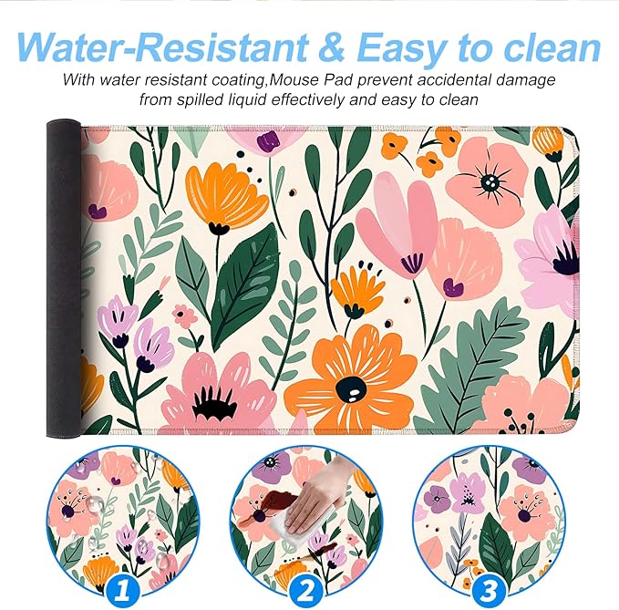 Floral Mouse Pad XXL – Large Extended Desk Mat with Cute Hand-Drawn Flowers,Non-Slip Mousepad for Office, School, Workstation, Gift for Women & Teens, 31.5 x 11.8 in