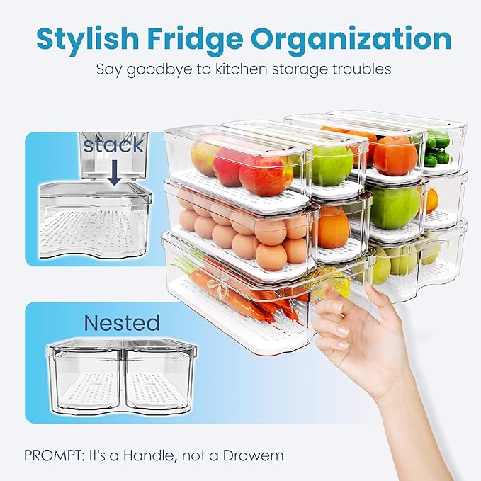 Fridge Organizers and Storage, 10 Pack Organizer Bins with Lids, Stackable Storage Containers for Fruits, Vegetable (Set of 10)