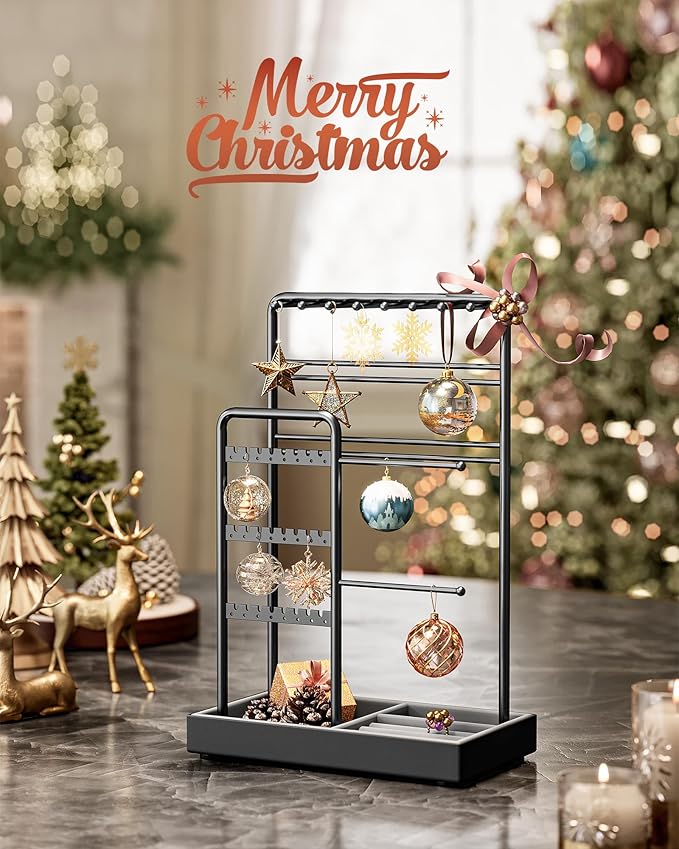 SONGMICS Jewelry Holder, Jewelry Organizer, Jewelry Display Stand with Metal Frame, Velvet Tray, Necklace Earring Bracelet Holder, for Studs, Rings, Christmas Gift, Ink Black UJJS021B01