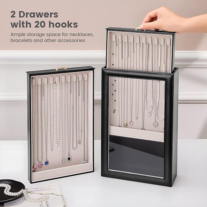 Lolalet Necklace Organizer Box, 2-Layer Jewelry Storage Boxes with Clear Lid for Necklaces, Tangle-Free Necklace Display Case for Women Girls -Black