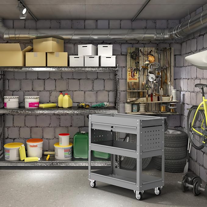 3 Tier Tool Cart on Wheels with Drawers - Three Tier Rolling Cart with Lockable Storage - Mechanic Tool Chest - Tool Chest with Wheels Used in Garage, Indoors, Workshop (Gray)
