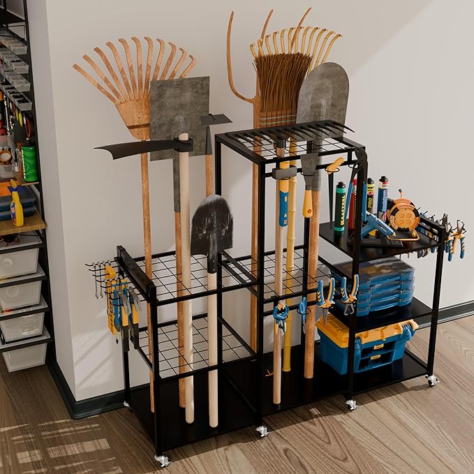ROGMARS Garden Tool Organizer with Wheels for Garage,49" Heavy Duty 3 Tier Yard Tool Holder Storage Rack with Large Hooks for Shed/Yard/Broom/Lawn/Long-Handled Garden Cart