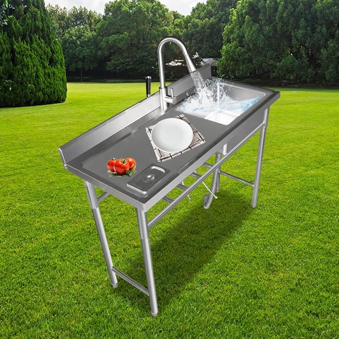 304 Stainless Steel Utility Sink with Faucet – Free Standing Single Bowl Left Kitchen Sink with Workbench & Small storage box, Hot/Cold Water Pipes for Laundry, Farmhouse & Outdoor Use 39“