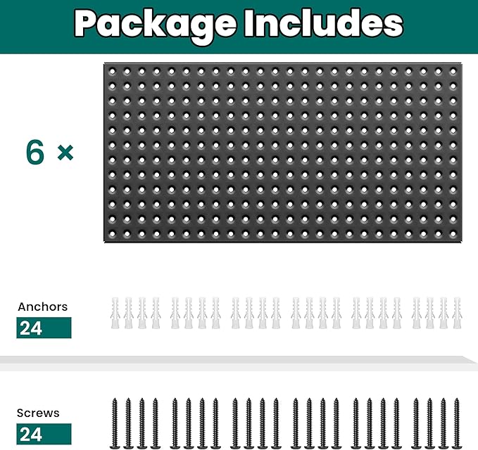 EVERHANGER Metal Pegboard Panels 24" x 12", Heavy Duty Steel Peg Boards for Garage, Pegboard Wall Organizer for Tool Storage and Organization, Black, 6 Pack