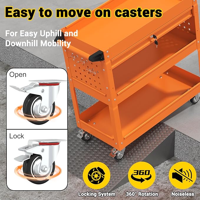 3 Tier Rolling Tool Cart on Wheels, 550 LBS Tool Cart with Drawers，Heavy Duty Utility Cart with Pegboard and Hook，Mechanic Tool Storage Cart for Garage, Warehouse and Repair Shop(Orange)