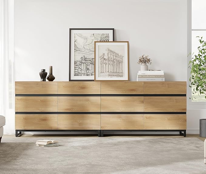 WAMPAT Dresser for Bedroom, Closet Organizers and Storage with 12 Drawers, Chest of Drawers with Metal Base, Modern Wooden Dresser for Living Room, Bedroom, Oak