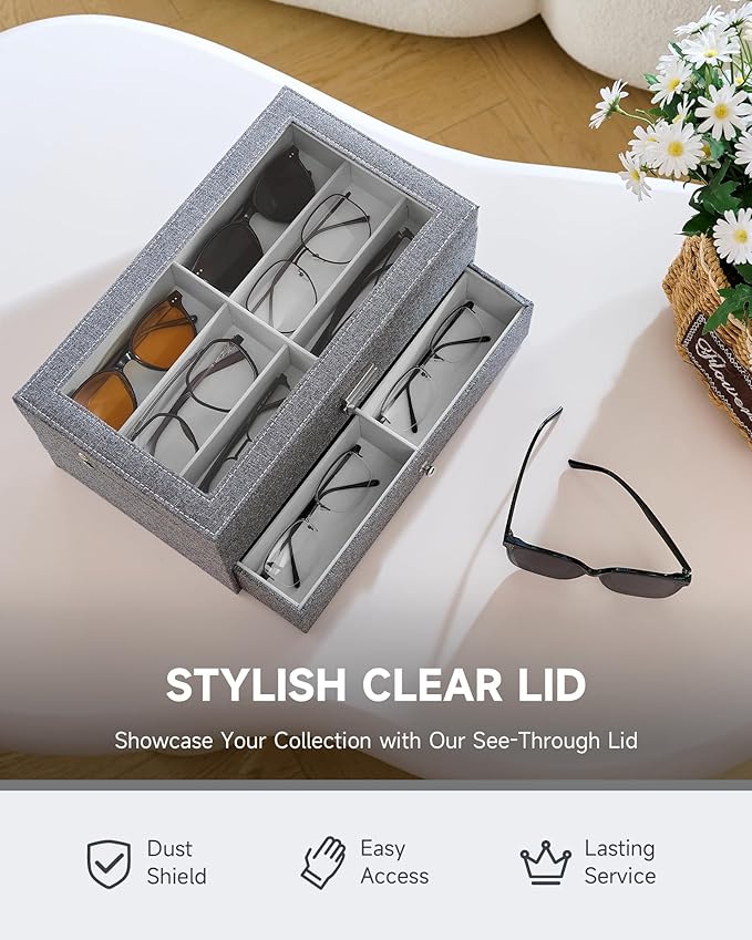 CO-Z Sunglasses Organizer with 12 Slots, Linen Eyeglasses Storage Box for Women Men, 2 Story Lockable Display Case for Multiple Glasses, Sunglasses Jewelry Collection Holder with Drawer, Grey
