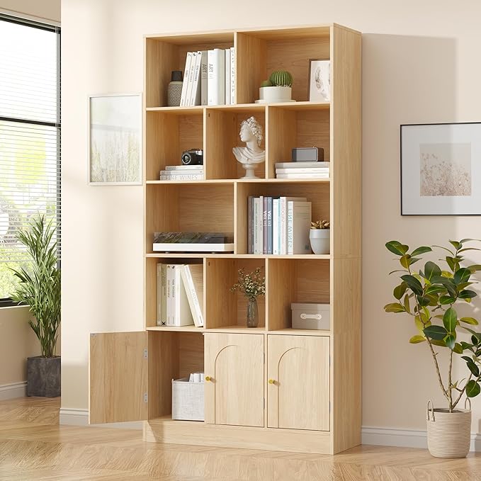 71" Tall Bookshelf with 10 Cubes and 3 Doors, 4-Tier Bookshelf, Open Shelf Bookcase with Cabinet, Modern Cube Storage Organizer for Living Room, and Office, Natural Wood Color