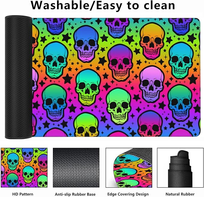 Desk Mat,Neon Skulls and Stars Extended Gaming Mouse Pad,Large Non-Slip Rubber Base Mousepad with Stitched Edges,Waterproof Mouse Mat Desk Pad for Office Game Home 35.4x15.75 in